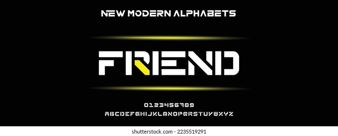 FRIEND Unique and Minimal Tech Letter set for your new startup. Creative and original font logo design. Gaming and sports vector typeface