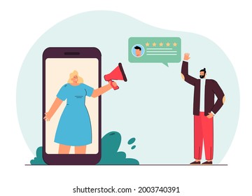 Friend waving at woman on phone screen holding megaphone. Male character leaving positive review flat vector illustration. Advertising, marketing, referral program concept for banner, website design
