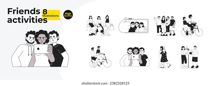 Friend weekend activities black and white cartoon flat illustration bundle. Multicultural friendship people linear 2D characters isolated. Best friends together monochromatic vector image collection