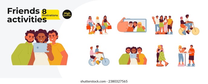 Friend weekend activities cartoon flat illustration bundle. Multicultural friendship people 2D characters isolated on white background. Best friends group together vector color image collection