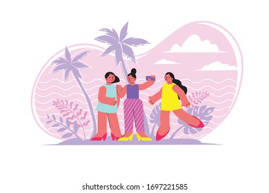 Friend woman flat composition with outdoor scenery and three fellow women taking selfie in the woods vector illustration