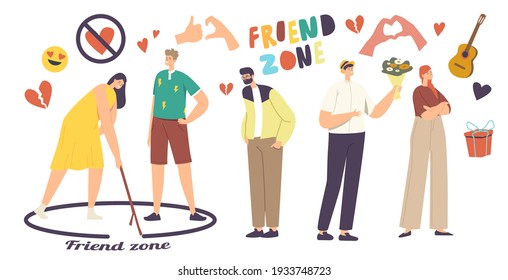 Friend Zone Concept. Male Characters Fall in Love Trying to Attract Girls. Woman Drawing Circle with Man Stand Inside of Boundary. Females Avoid Importunate Suitors. Cartoon People Vector Illustration