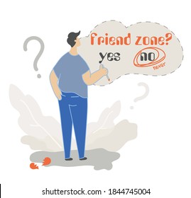 Friend zone rejection. A guy rejects an invitation to a friend zone. Doesn't want to be friend zoned. Chooses to be out of a friend zone. Vector illustration.