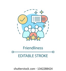 Friendliness concept icon. Fellowship, camaraderie. Chatting friends. Job satisfaction. Colleagues, coworkers, friends idea thin line illustration. Vector isolated outline drawing. Editable stroke