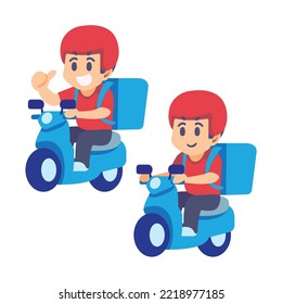Friendliness delivery man with scooter in cute vector cartoon style.