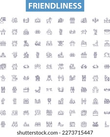 Friendliness line icons, signs set. Affability, Amiability, Approachability, Benevolence, Camaraderie, Comradeship, Cordiality, Courtesy, Generosity outline vector illustrations.