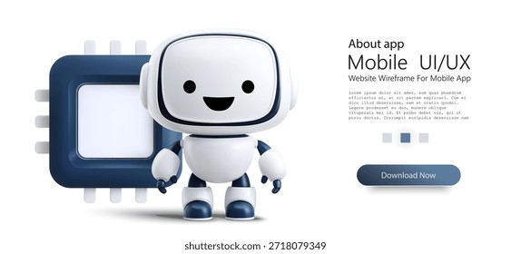 Personaje amigable del robot 3D de pie junto a un símbolo de microchip que representa la automatización de la tecnología de inteligencia artificial y la innovación digital. Ilustración vectorial