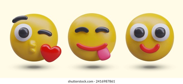 Friendly 3D yellow emoticons. Positive reactions. Air kiss, love, deliciousness, smile. Set of illustrations for web design. Good mood, happiness, flirting