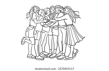 Friendly 6 girls hugs continuous line art drawing isolated on white background. Teenager group, students outline. Vector illustration