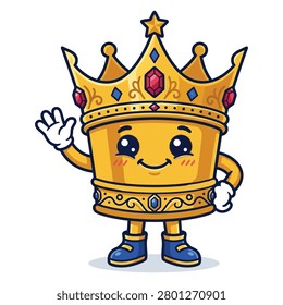 A friendly and adorable golden crown character with a smiling face, wearing blue shoes and waving, illustrated in a vibrant cartoon style.