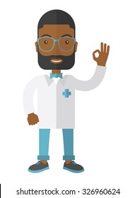 A friendly African American hipster doctor in glasses and medical gown shows sign all OK vector flat design illustration isolated on white background. Vertical layout.