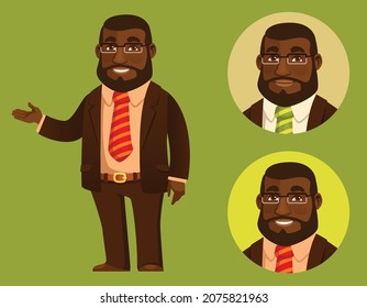 friendly african american man in retro business suit. Smiling black man wearing glasses, gesturing. Cartoon character for presentation. Detail of face suitable as avatar. Vector eps file.