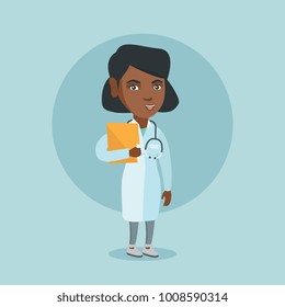 Friendly african-american doctor with a stethoscope and a file. Young smiling doctor in a medical gown holding a folder with patient or medical information. Vector cartoon illustration. Square layout.