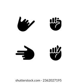 Friendly and aggressive gestures black glyph icons set on white space. Informative hand positions. Body language. Silhouette symbols. Solid pictogram pack. Vector isolated illustration