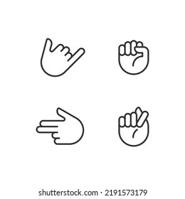 Friendly and aggressive gestures pixel perfect linear icons set. Hand positions. Body language. Customizable thin line symbols. Isolated vector outline illustrations. Editable stroke