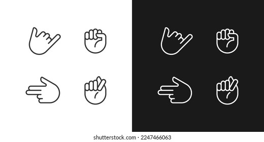Friendly and aggressive gestures pixel perfect white linear icon for dark themes set for dark, light mode. Thin line symbols for night, day theme. Isolated illustrations. Editable stroke