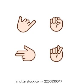 Friendly and aggressive gestures pixel perfect RGB color icons set. Hand positions. Body language. Isolated vector illustrations. Simple filled line drawings collection. Editable stroke