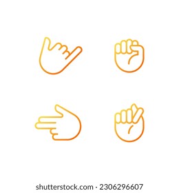 Friendly and aggressive gestures pixel perfect gradient linear vector icons set. Hand positions. Body language. Thin line contour symbol designs bundle. Isolated outline illustrations collection