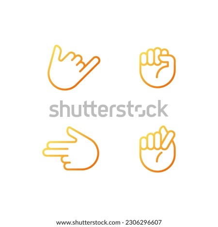 Friendly and aggressive gestures pixel perfect gradient linear vector icons set. Hand positions. Body language. Thin line contour symbol designs bundle. Isolated outline illustrations collection