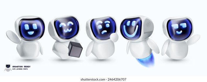 Friendly AI robot characters. Digital bot and smart assistant, futuristic android mascots, virtual companion vector 3D illustration set