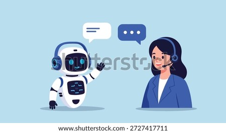A friendly AI robot chatbot communicating with a female customer service representative. Concept of artificial intelligence in online support and technology.
