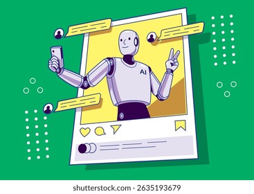 Friendly AI robot taking a selfie while interacting on social media platform with speech bubbles. Technology concept