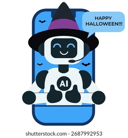 Robô de IA amigável em um chapéu de bruxa aparece em uma tela de smartphone e dá um polegares alegres para cima