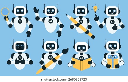 Robôs de IA amigável conjunto com diferentes atividades e emoções