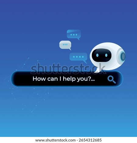 Friendly AI virtual assistant for customer service, chatbot technology, futuristic smart search automation, AI-powered chatbot, digital business support, Futuristic AI conversation bot, robot.