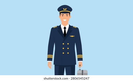 Friendly airline pilot in a professional dark blue double-breasted uniform smiling while holding a wheeled suitcase.