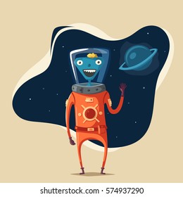 Friendly alien. Cartoon vector illustration. Ufo. Retro poster. Space theme. Funny monsters mutant character