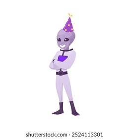 Personagem alienígena amigável em traje espacial e chapéu de cone festivo. Humanoide alegre, astronauta mutante engraçado. Criatura cósmica de fantasia de desenhos animados, hóspede de OVNI. Ilustração plana vetorial isolada. Monstro de jogo para crianças