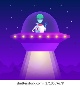 Friendly alien holding bottle of antiseptic in spaceship at night. Green humanoid with big eyes sitting in flying UFO. Extraterrestrial emergency help and assistance vector illustration in flat style.