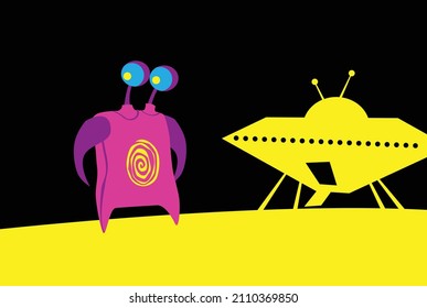 Friendly alien near his spaceship. A UFO in your backyard. Vector image for prints, poster and illustrations.