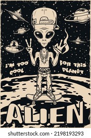 Friendly alien poster monochrome vintage humanoid in cap smokes cigarette standing on skateboard in space with flying saucers vector illustration