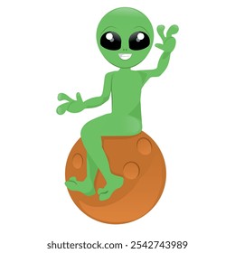 friendly alien sitting on an orange planet, creature from mars. vector illustration.