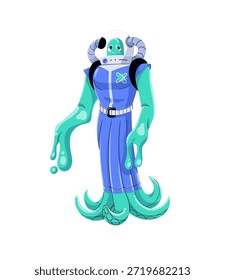 O alienígena amigo está de traje espacial. Feliz monstro extraterrestre está de pé. Espaço mutante, caráter humanoide com tentáculos. Astronauta de OVNI de outro planeta. Ilustração de vetor isolado plano em branco
