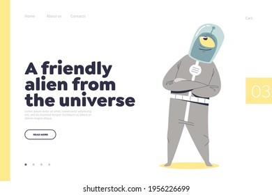 Friendly alien from universe concept of landing page with cute cartoon monster from space or galaxy on template webpage background. Flat vector illustration
