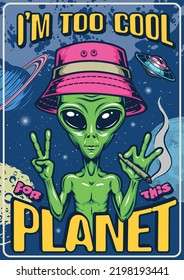 Friendly alien vintage colorful poster green humanoid smokes cigarette and greets you and invites you to visit vector illustration