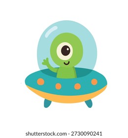 Friendly alien waving from flying UFO in colorful space scene, created for sci fi kids content, adventure stories, and imaginative design.