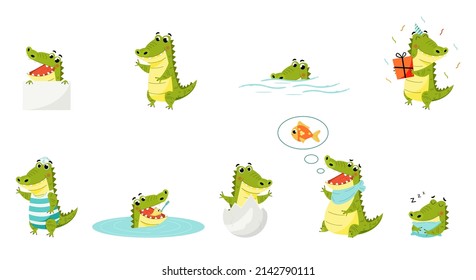 Friendly alligator in different poses set, predator cartoon character vector Illustration on a white background