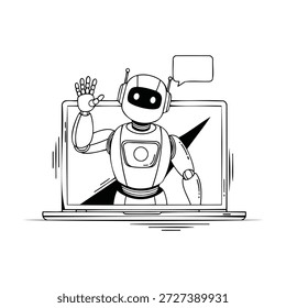 Friendly android ai robot waving from laptop screen displaying conversation bubble represents online customer support and technological assistance
