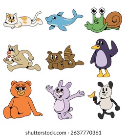 Friendly Animals Character Retro Fill Line Cute Color