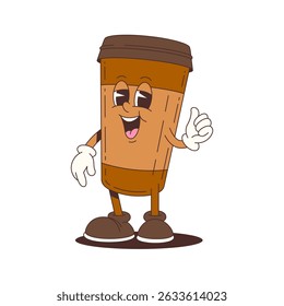 Friendly animated coffee cup mascot waving hand with a cheerful smile perfect for branding, advertising, social media, and food service promotions. Vector illustration