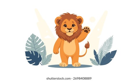 Friendly animated lion cub stands and greets with a raised paw amidst stylized tropical leaves and soft light.