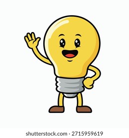A friendly, anthropomorphic light bulb character with a smiling face and waving hand, isolated on a white background.