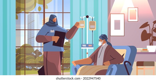 friendly arab nurse or volunteer checking dripper of elderly man patient home care services healthcare