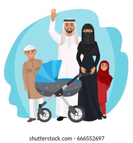 Friendly Arabic cartoon family stands together isolated illustration