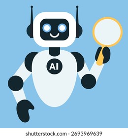 Friendly artificial intelligence robot holding a magnifying glass