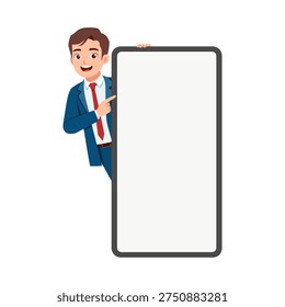 Friendly Asian Businessman Smiling Pointing at Blank Smartphone Screen with Joyful Expression